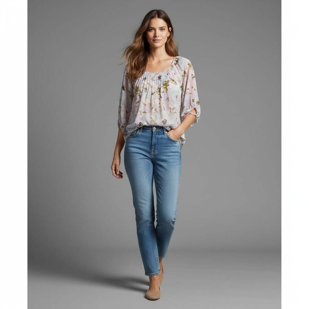 Floreat Anthropologie 100% Silk Watercolor Floral Peasant Blouse Size 4